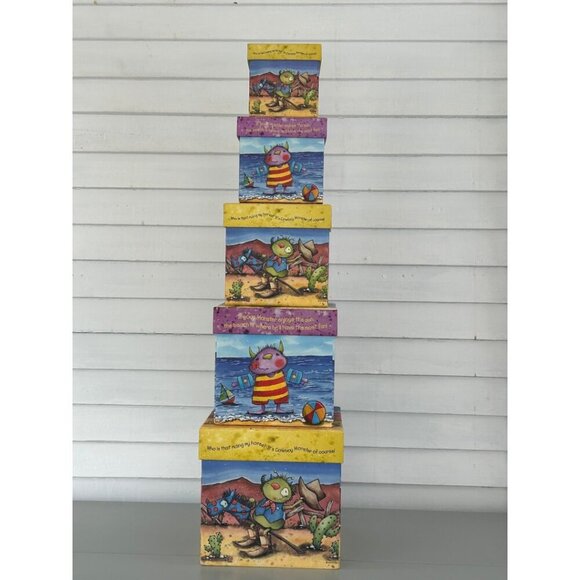 Little Monsters Nesting Boxes Decorative Set Rustic Whimsical Art Set of 5 - Picture 3 of 16